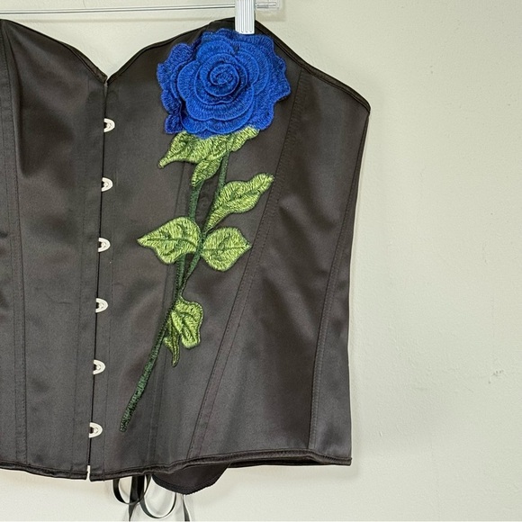 Bustier Corset Plus Size Black Blue Flower Embroidered Lace Up Back Satin Sz XXL - Picture 2 of 6